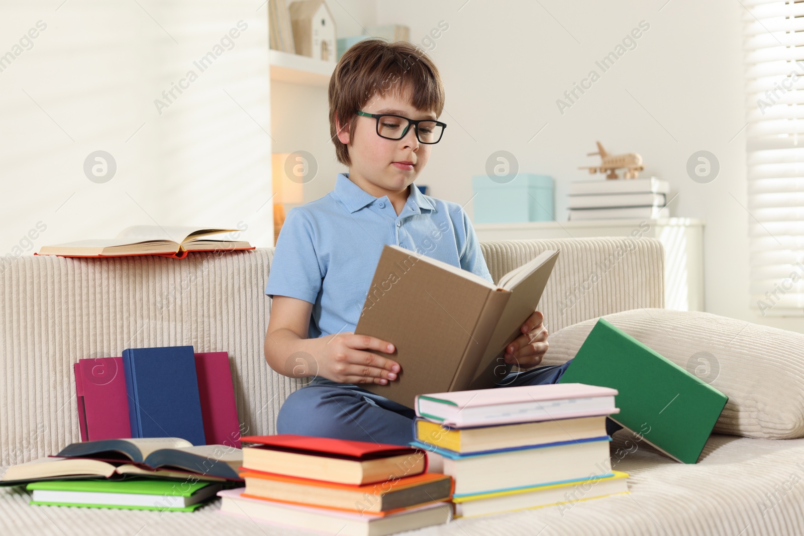 Boy with many different books on sofa at home Photo of Boy with many different books on sofa at home