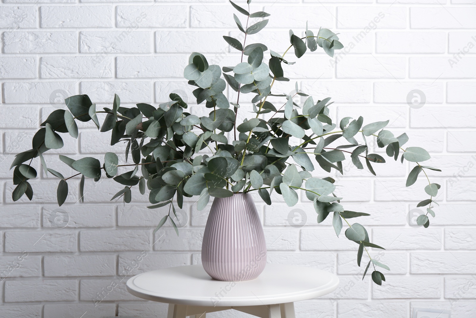 Green eucalyptus branches in vase on table near white brick wall indoors Photo of Green eucalyptus branches in vase on table near white brick wall indoors