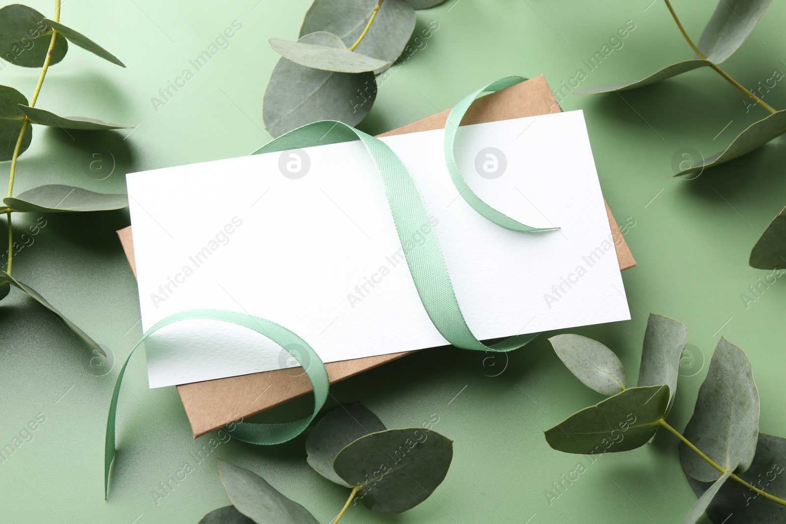 Blank card, ribbon and eucalyptus branches on light green background, closeup Photo of Blank card, ribbon and eucalyptus branches on light green background, closeup