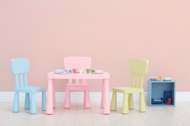 Image of Cozy children's room with cute furniture. Stylish playroom interior