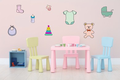 Image of Cozy children's room with colorful furniture and cute wallpaper. Stylish playroom interior