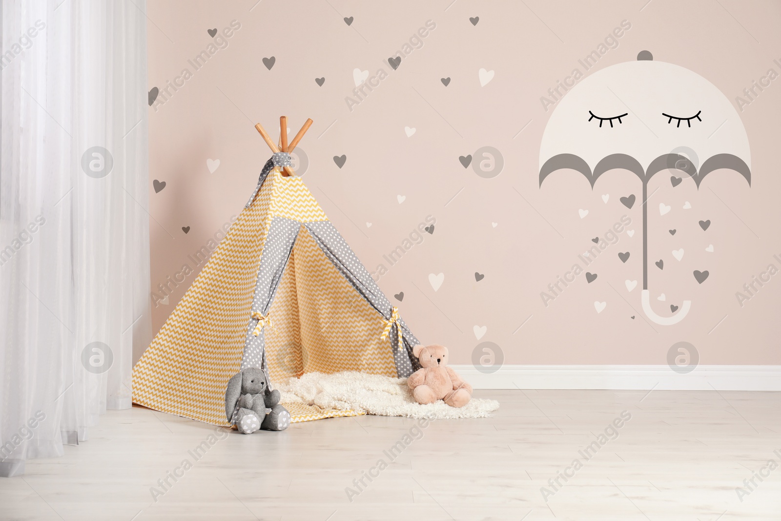 Cozy children's room with play tent and cute wallpaper. Stylish playroom interior Image of Cozy children's room with play tent and cute wallpaper. Stylish playroom interior