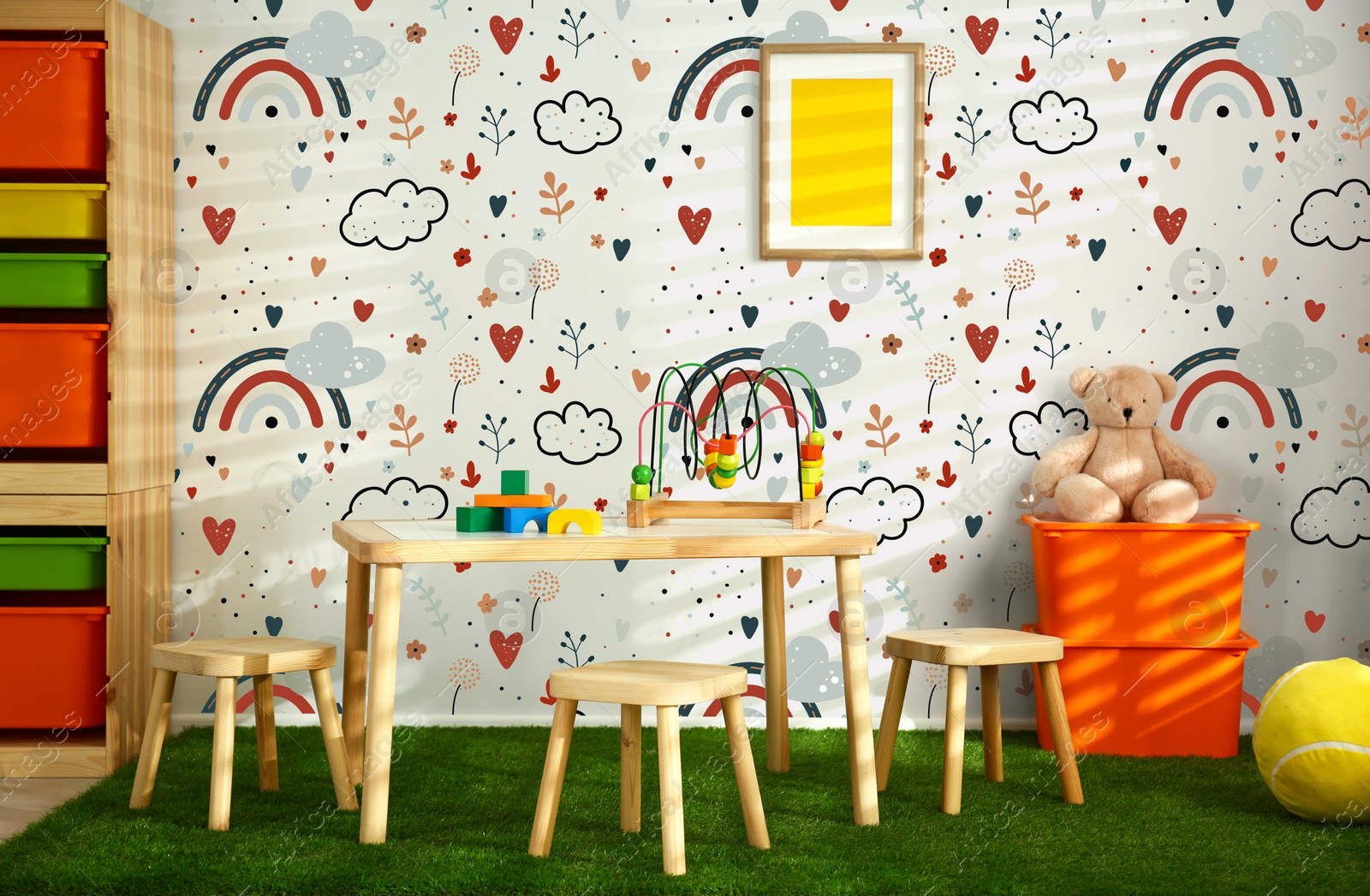 Cozy playroom with toys, furniture and cute wallpaper. Stylish children's room interior Image of Cozy playroom with toys, furniture and cute wallpaper. Stylish children's room interior