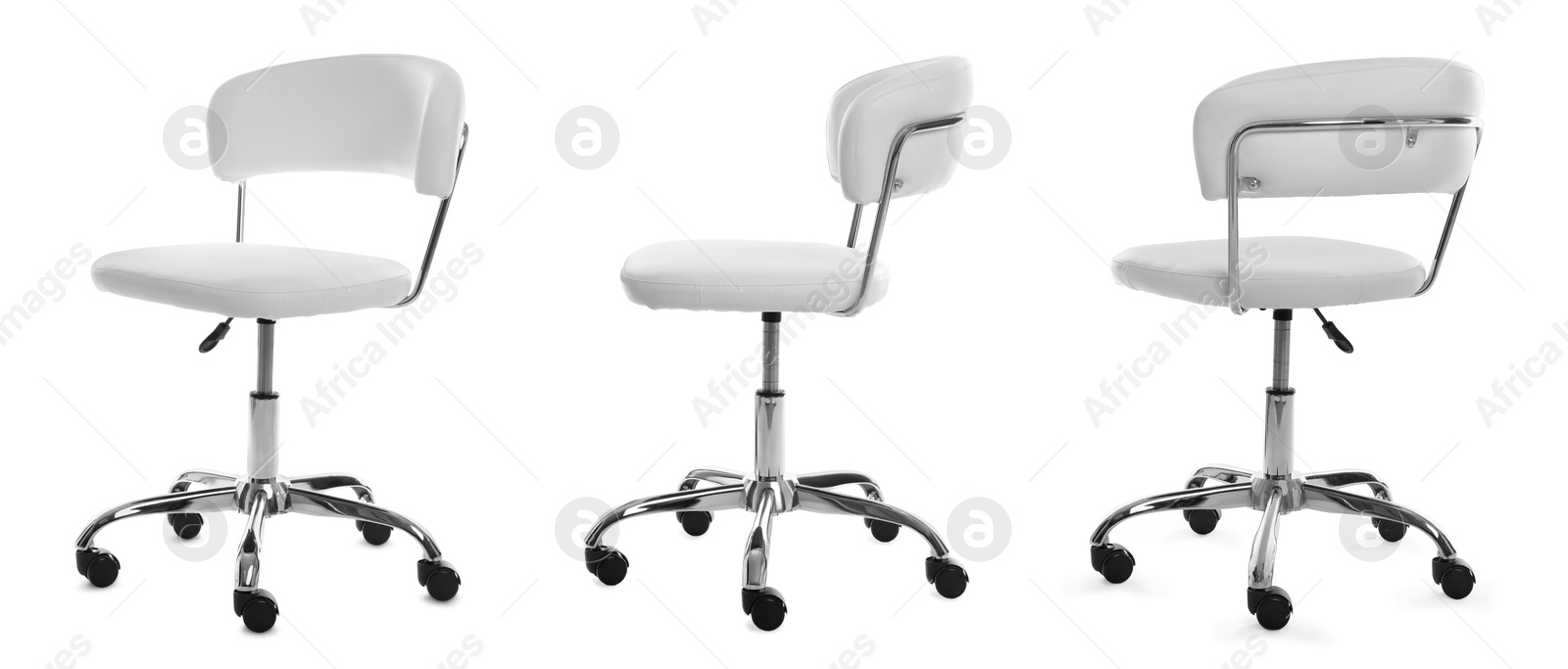 White office chair isolated on white, collage. Stylish furniture Image of White office chair isolated on white, collage. Stylish furniture
