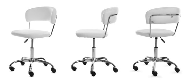 Image of White office chair isolated on white, collage. Stylish furniture