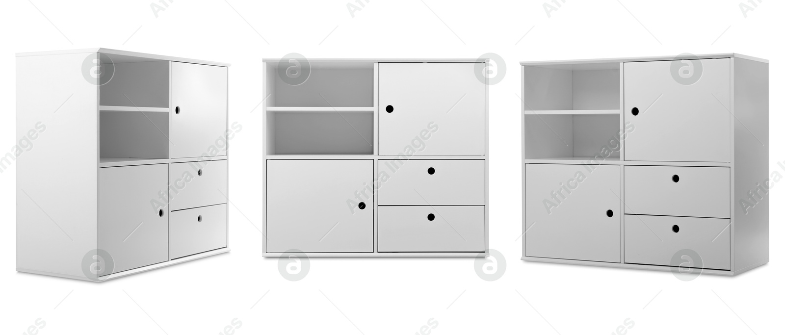 White shelving unit isolated on white, collage. Stylish furniture Image of White shelving unit isolated on white, collage. Stylish furniture
