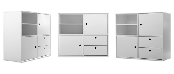 Image of White shelving unit isolated on white, collage. Stylish furniture