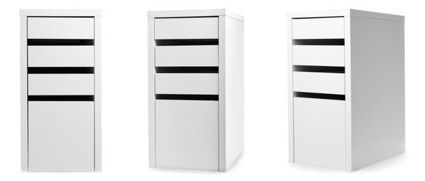 Image of White drawer unit isolated on white, collage. Stylish furniture