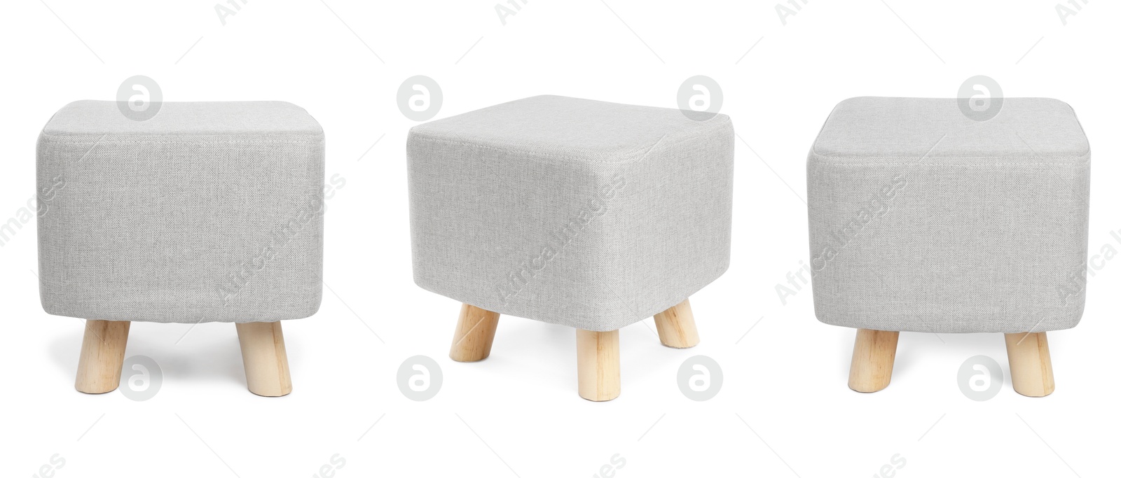 White ottoman chair isolated on white, collage. Stylish furniture Image of White ottoman chair isolated on white, collage. Stylish furniture