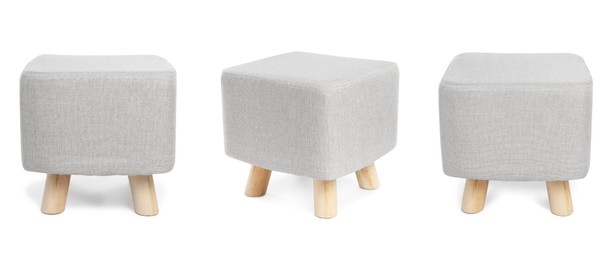 Image of White ottoman chair isolated on white, collage. Stylish furniture