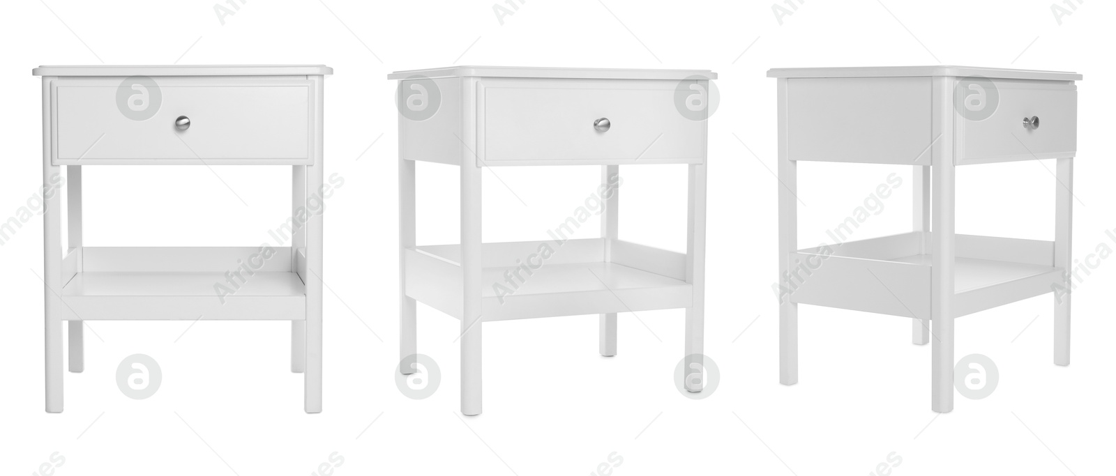 Image of White bedside table isolated on white, collage. Stylish furniture