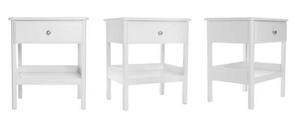 Image of White bedside table isolated on white, collage. Stylish furniture