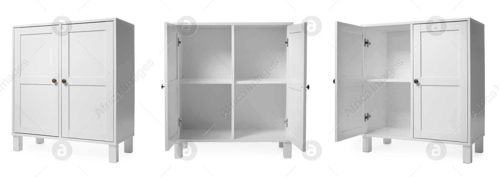 Image of White furniture with doors isolated on white, collage