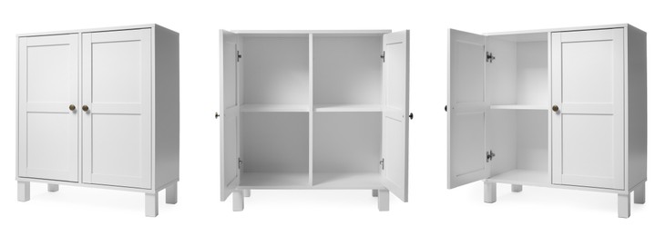 Image of White furniture with doors isolated on white, collage