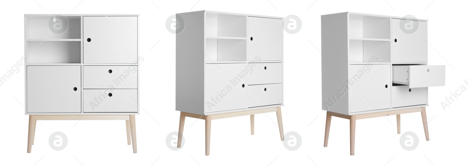 White shelving unit isolated on white, collage. Stylish furniture Image of White shelving unit isolated on white, collage. Stylish furniture