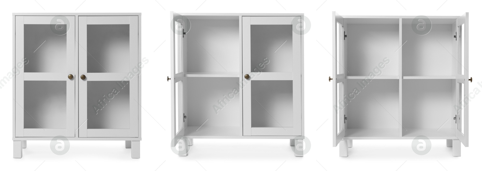 Image of White cupboard isolated on white, collage. Stylish furniture