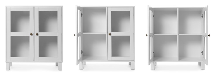 Image of White cupboard isolated on white, collage. Stylish furniture
