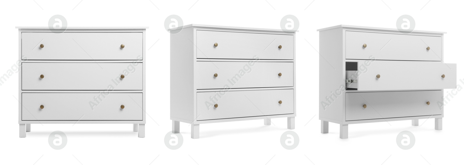 Image of White chest of drawers isolated on white, collage. Stylish furniture