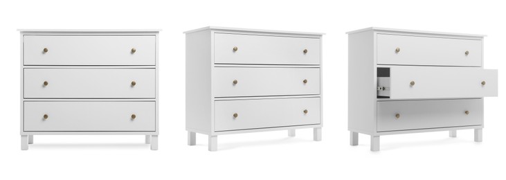 Image of White chest of drawers isolated on white, collage. Stylish furniture