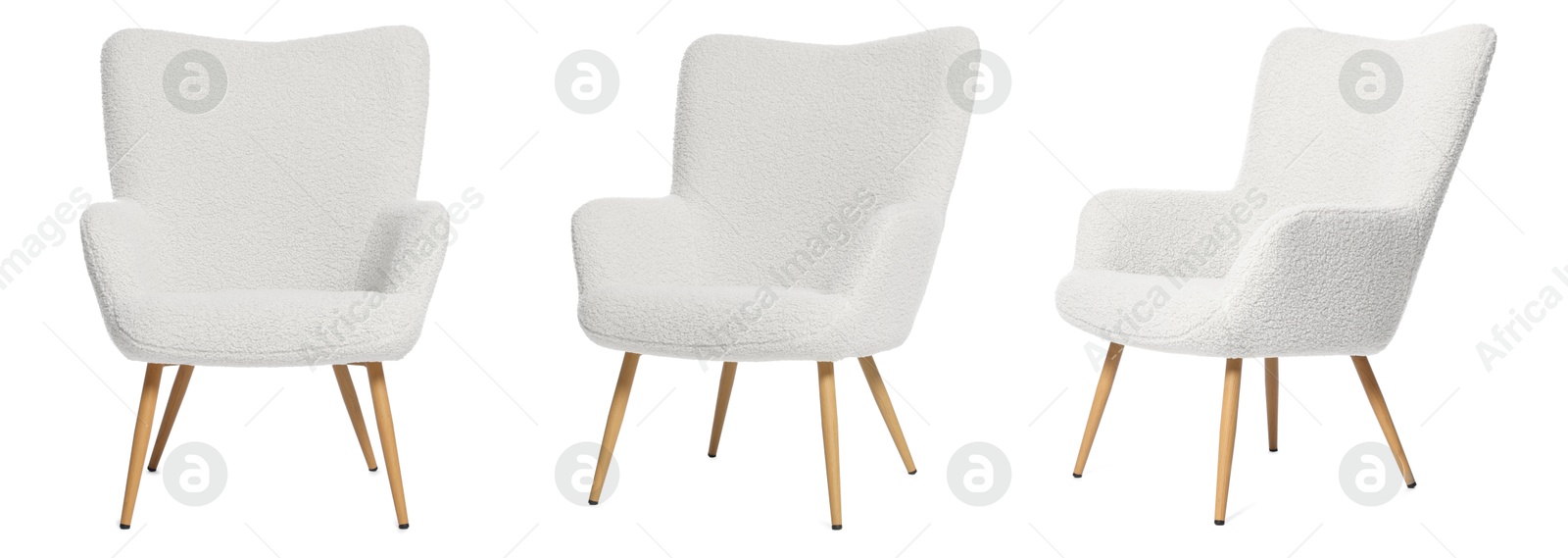 White armchair isolated on white, collage. Stylish furniture Image of White armchair isolated on white, collage. Stylish furniture