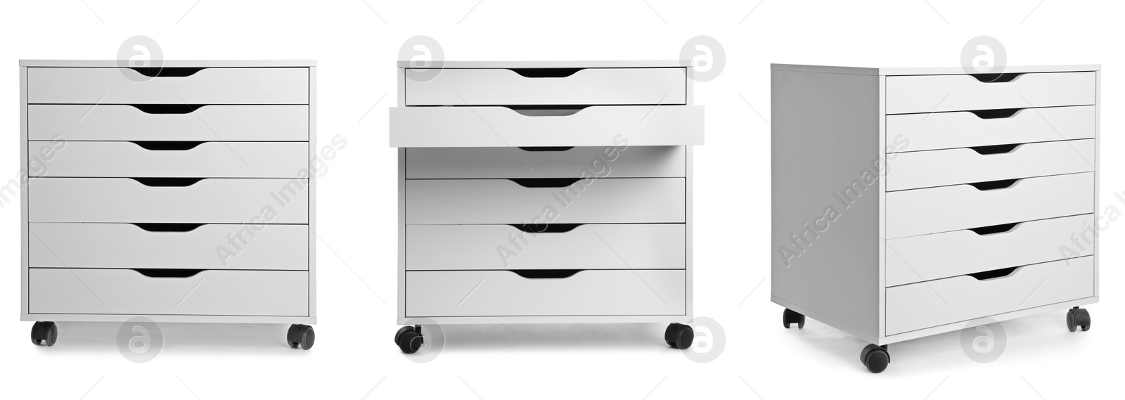 White chest of drawers isolated on white, collage. Stylish furniture Image of White chest of drawers isolated on white, collage. Stylish furniture
