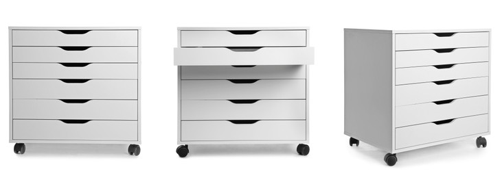 Image of White chest of drawers isolated on white, collage. Stylish furniture