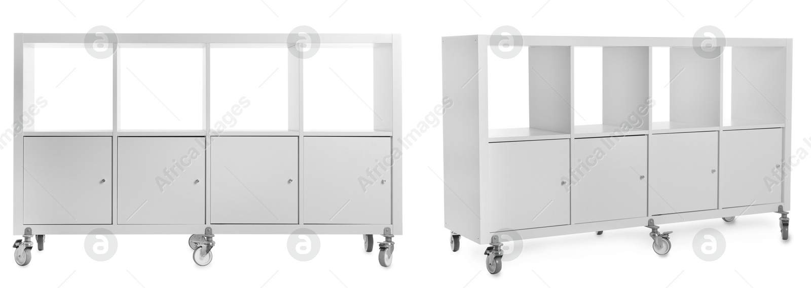 White shelving unit isolated on white, collage. Stylish furniture Image of White shelving unit isolated on white, collage. Stylish furniture
