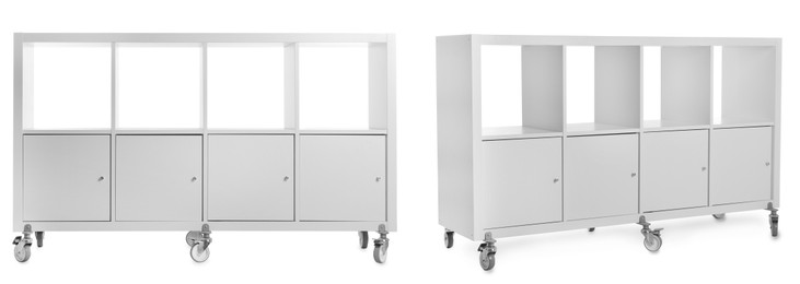 Image of White shelving unit isolated on white, collage. Stylish furniture