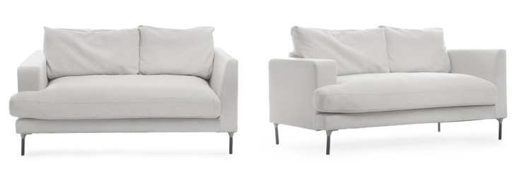Image of White sofa isolated on white, collage. Stylish furniture