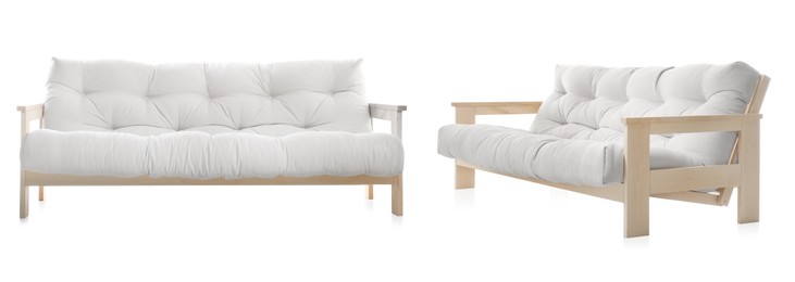 Image of White sofa isolated on white, collage. Stylish furniture