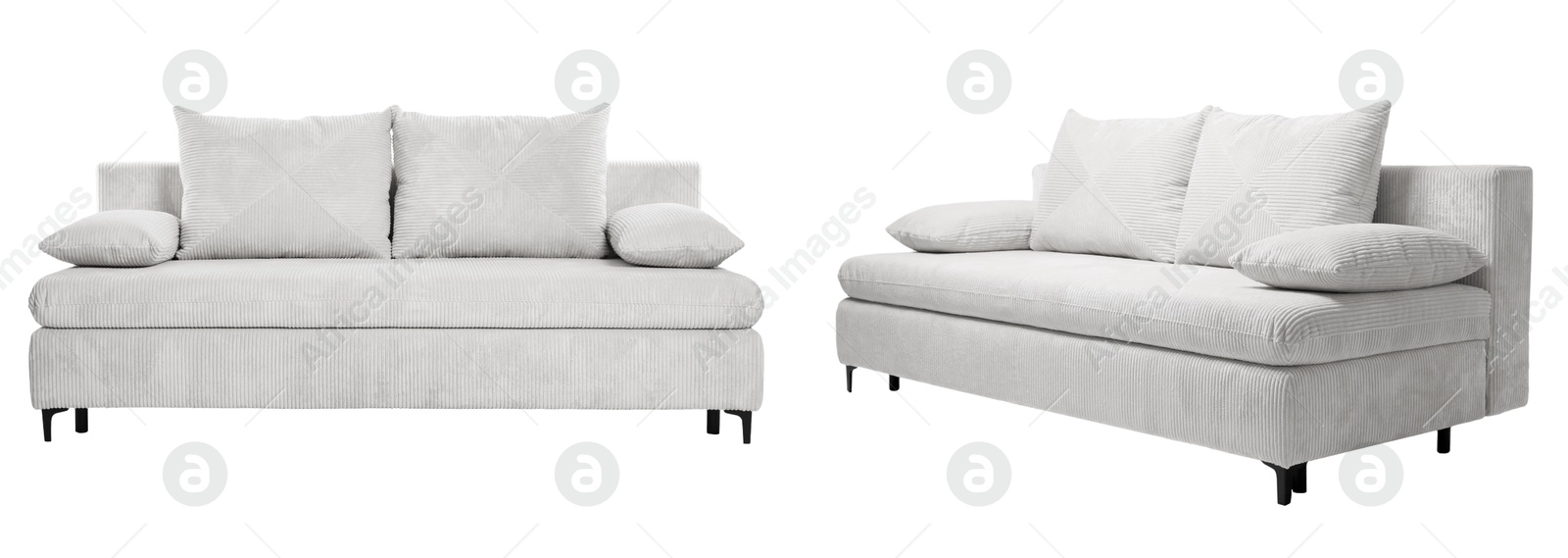 Image of White sofa isolated on white, collage. Stylish furniture