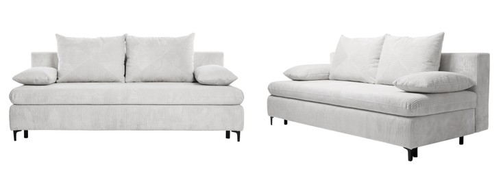 Image of White sofa isolated on white, collage. Stylish furniture