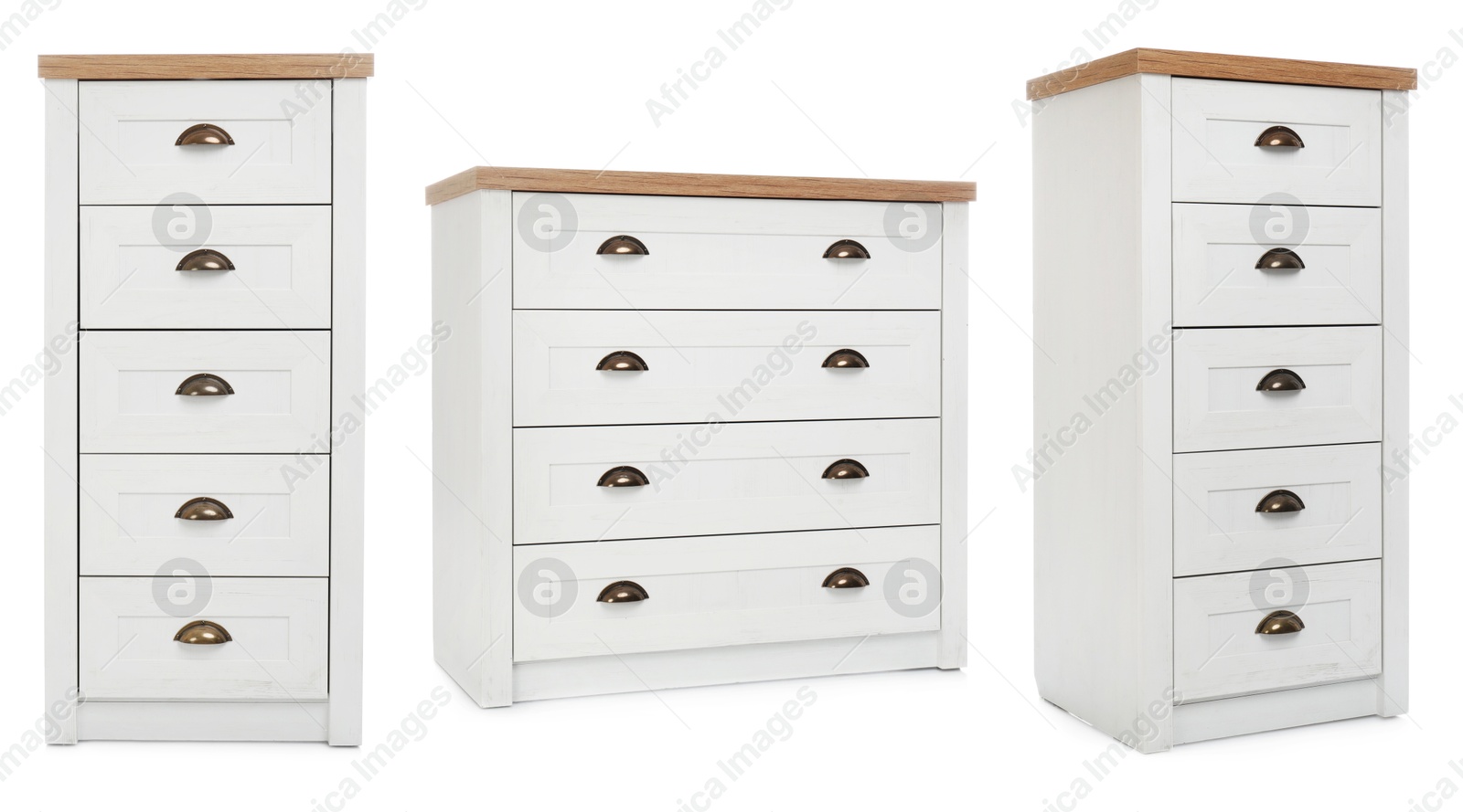 White chest of drawers isolated on white, collage. Stylish furniture Image of White chest of drawers isolated on white, collage. Stylish furniture