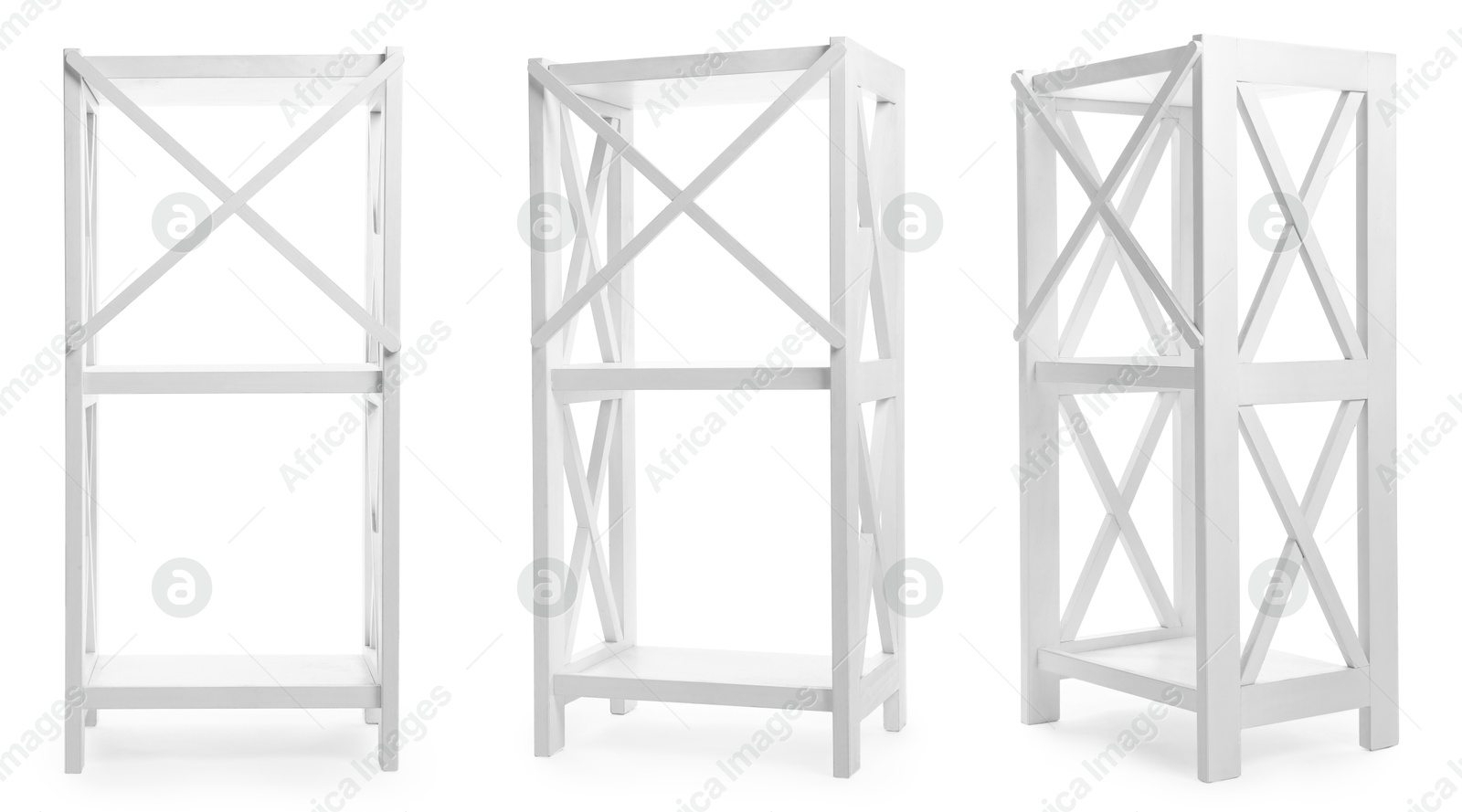 White shelving unit isolated on white, collage. Stylish furniture Image of White shelving unit isolated on white, collage. Stylish furniture
