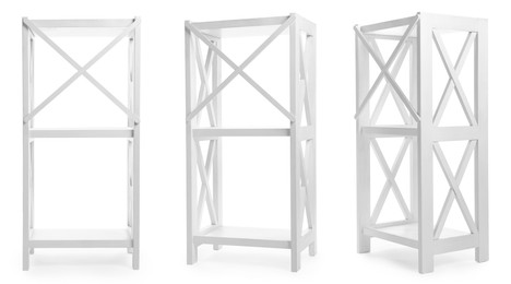 Image of White shelving unit isolated on white, collage. Stylish furniture