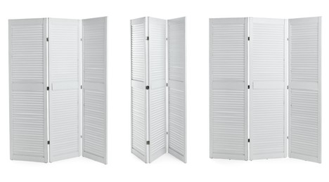 Image of White folding screen isolated on white, collage. Stylish furniture