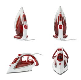 Image of Electric clothes iron isolated on white, collage. Home appliance