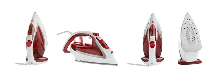 Image of Electric clothes iron isolated on white, collage. Home appliance