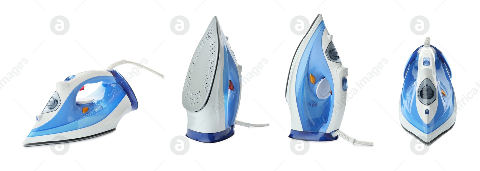 Electric clothes iron isolated on white, collage. Home appliance Image of Electric clothes iron isolated on white, collage. Home appliance