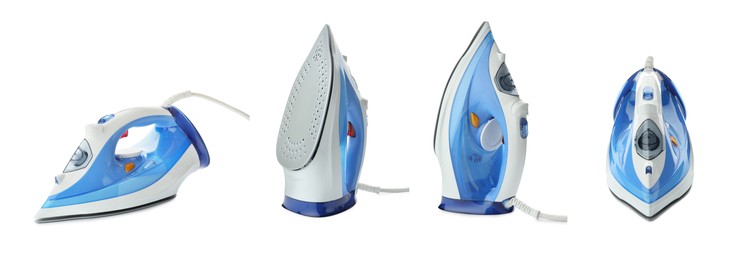 Image of Electric clothes iron isolated on white, collage. Home appliance