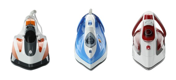 Image of Electric clothes irons isolated on white, set. Home appliance
