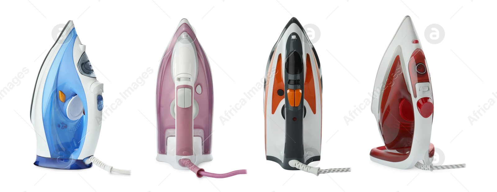 Image of Electric clothes irons isolated on white, set. Home appliance