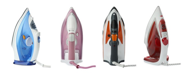 Image of Electric clothes irons isolated on white, set. Home appliance