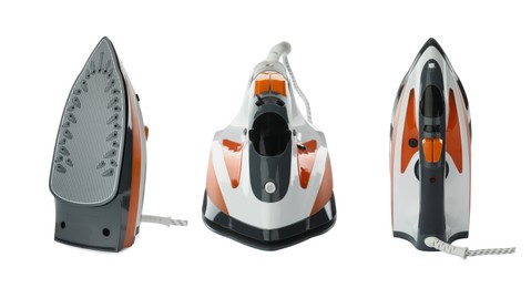 Image of Electric clothes iron isolated on white, collage. Home appliance