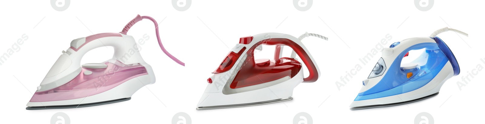 Image of Electric clothes irons isolated on white, set. Home appliance