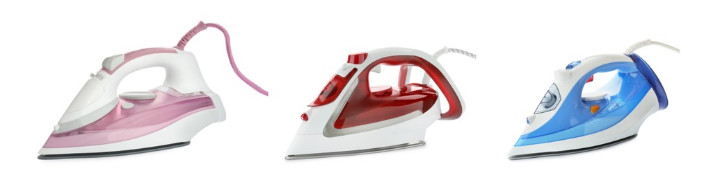 Image of Electric clothes irons isolated on white, set. Home appliance