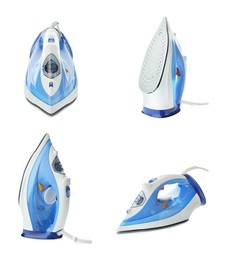 Image of Electric clothes iron isolated on white, collage. Home appliance