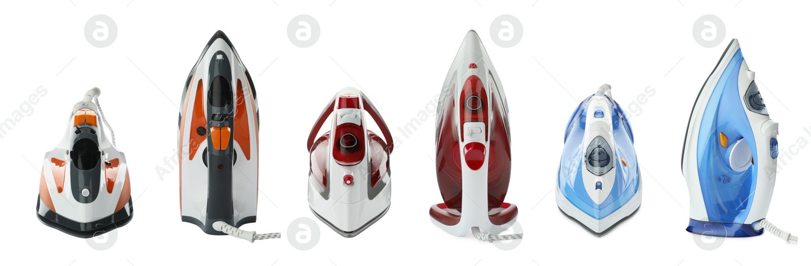 Image of Electric clothes irons isolated on white, set. Home appliance
