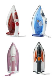 Image of Electric clothes irons isolated on white, set. Home appliance