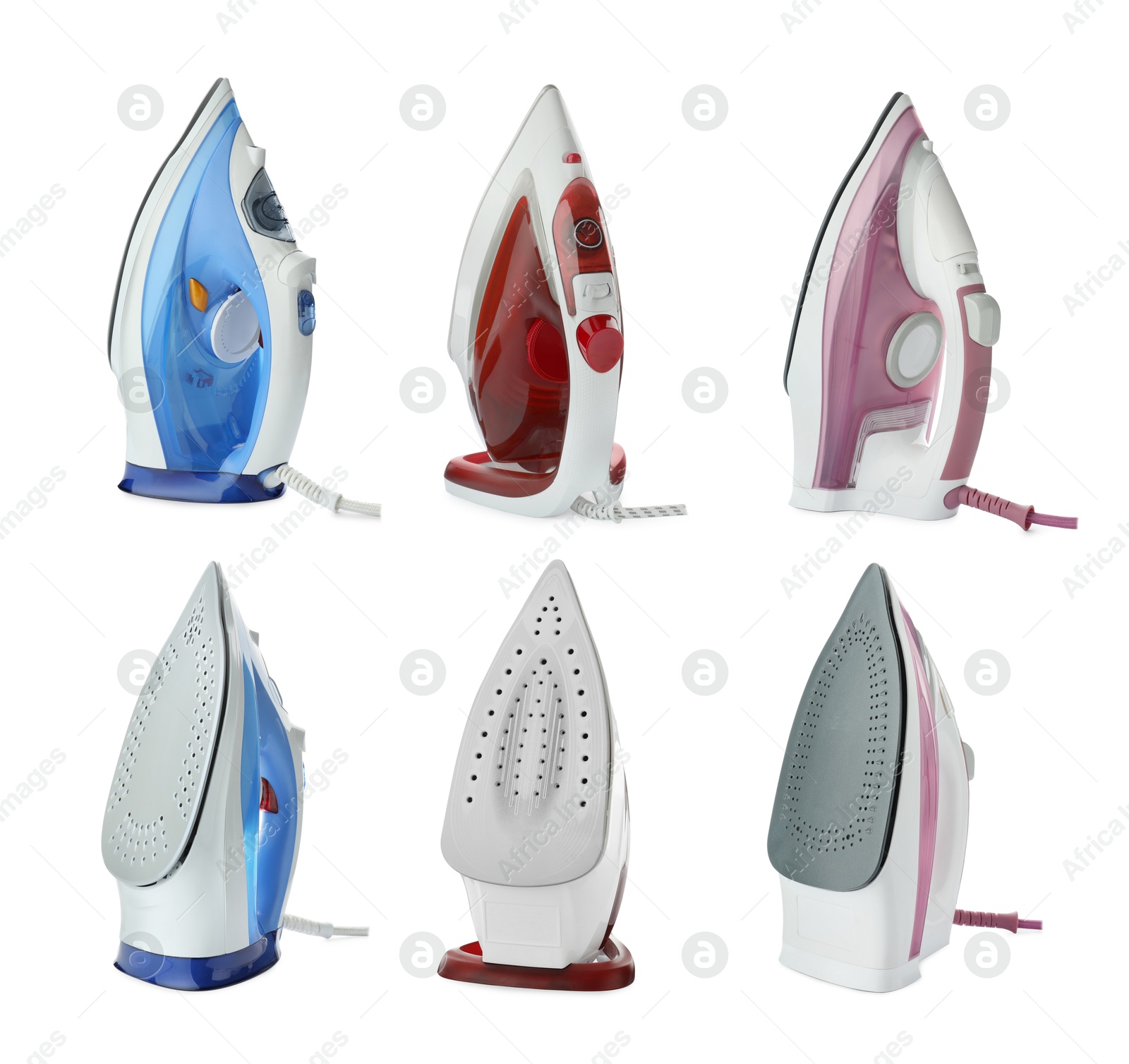 Image of Electric clothes irons isolated on white, set. Home appliance